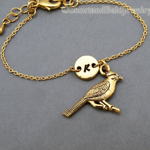 Cardinal charm bracelet, bird charm, antique gold, initial bracelet, friendship, mothers, adjustable, monogram