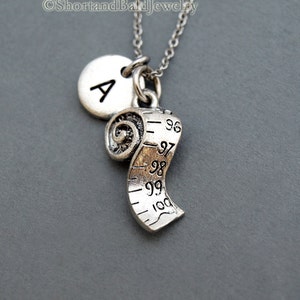 Tape measure necklace, measuring tape, measuring tape charm, antique silver, initial necklace, initial hand stamped, personalized, monogram