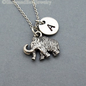 Mammoth Charm necklace, woolly mammoth, initial necklace, initial hand stamped, personalized, antique silver, monogram