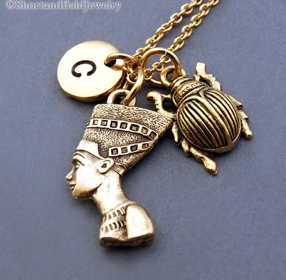 Nefertiti necklace, Great Royal Wife Pharaoh Akhenaten, Scarab beetle, the holy beetle in Ancient Egypt, Egyptian theme, monogram