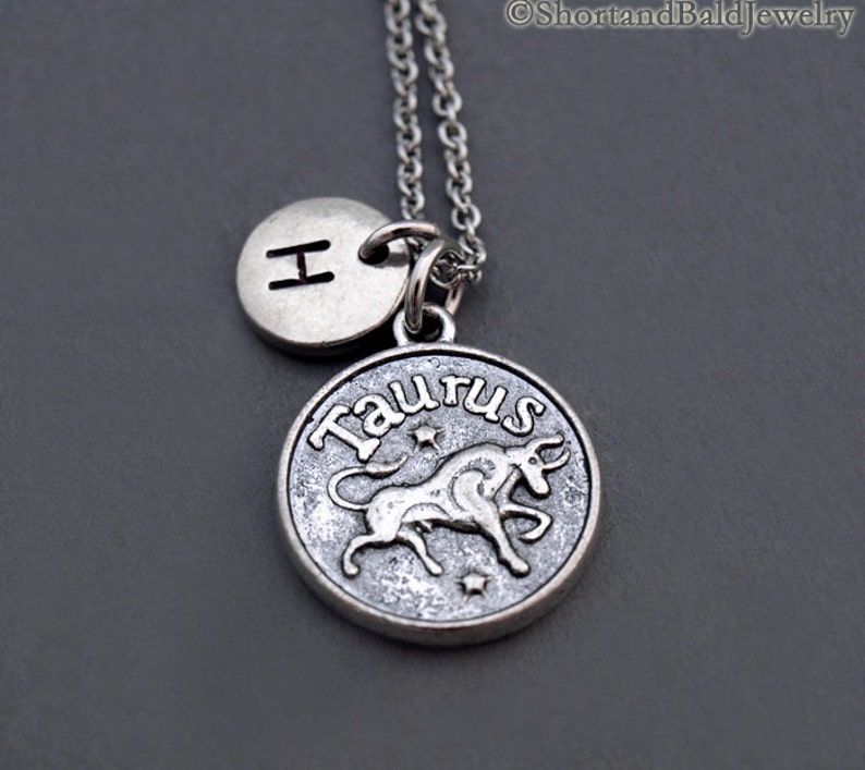 personalized Taurus necklace antique silver monogram initial necklace Taurus Zodiac charm Necklace Silver Taurus charm