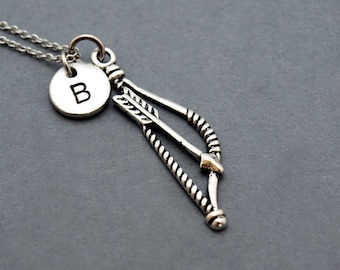 Bow and Arrow necklace, silver bow and arrow, archery, antique silver, initial necklace, initial hand stamped, personalized, monogram