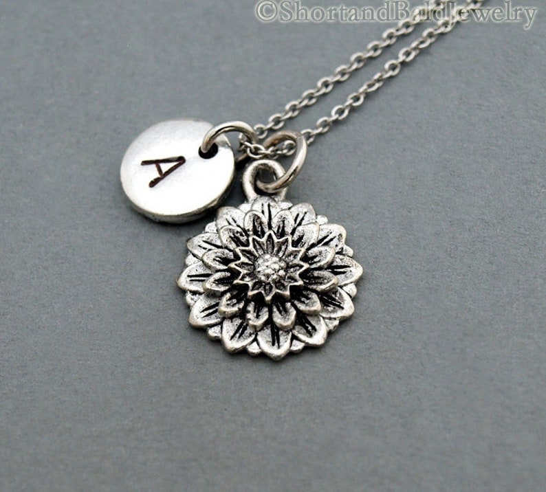 Chrysanthemum necklace, flower charm, Chrysanthemum flower, antique silver, initial necklace, hand stamped, personalized, monogram image 1