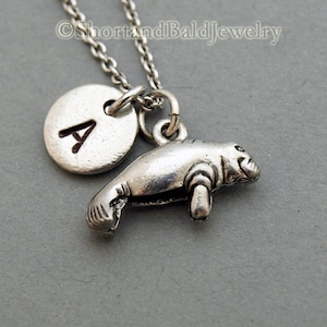 Manatee charm necklace, Manatee necklace, Manatee jewelry, initial necklace, initial hand stamped, personalized, antique silver, monogram