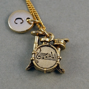 Drums Necklace, Drum set necklace, antique gold, initial necklace, initial hand stamped, personalized, monogram