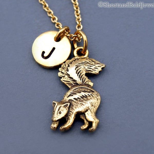 Skunk necklace, polecats, Gold skunk charm necklace, gold skunk jewelry, initial necklace, initial hand stamped, personalized, monogram