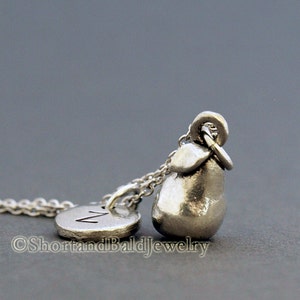 Pear charm necklace, fruit charm, silver pear, initial necklace, initial hand stamped, personalized, antique silver, monogram