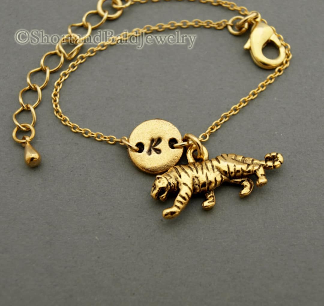 Tiger Charm Bracelet, Antique Gold, Initial Bracelet, Friendship