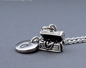 Treasure chest necklace, Buried treasure, Pirate treasure necklace, Silver Treasure chest charm, initial necklace, monogram