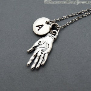 Palmistry necklace, Palm reading necklace, chiromancy, hand charm, initial necklace, personalized, antique silver, monogram