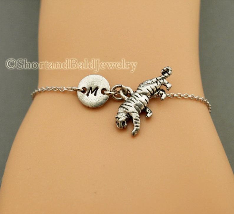 Tiger Charm Bracelet Antique Silver Initial Bracelet Etsy