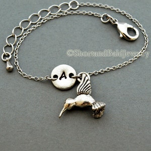 Hummingbird charm bracelet, humming bird, antique silver, initial bracelet, friendship, mothers, adjustable, monogram