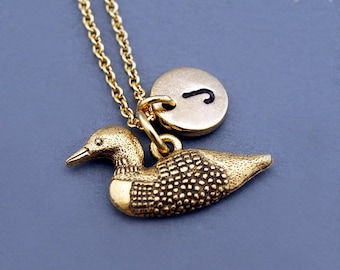 Loon charm Necklace, gold loon charm, divers, loon bird necklace, initial necklace, initial hand stamped, personalized, monogram