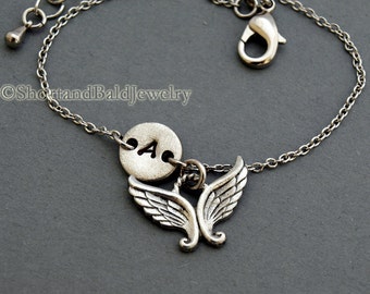 Engelenvleugels bedelarmband, antiek zilver, initiaal armband, vriendschap, moeders, verstelbaar, monogram