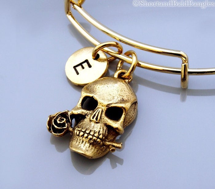 Skull and rose, skull with rose, skull holding rose, Gold skull, Gold rose, Expandable bangle, Charm bangle, Monogram, Initial bracelet