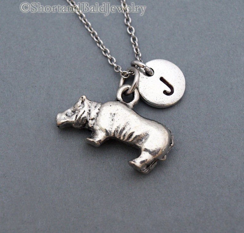 hippo necklace personalized initial necklace initial hand stamped Hippopotamus charm necklace Silver hippo charm monogram