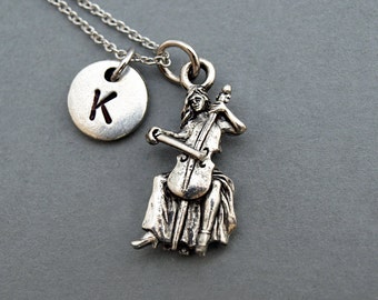 Cello necklace, cello player, cellist necklace, initial necklace, initial hand stamped, personalized, antique silver, monogram