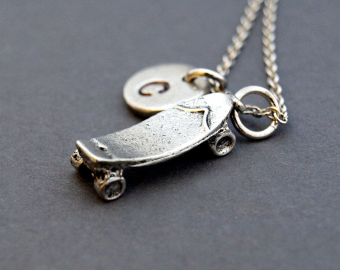 Skateboards necklace, skateboard charm, sports charm, antique silver, initial necklace, initial hand stamped, personalized, monogram