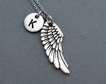 Angel Wing necklace, angel wing, initial necklace, hand stamped, Friendship, personalized, antique silver, monogram