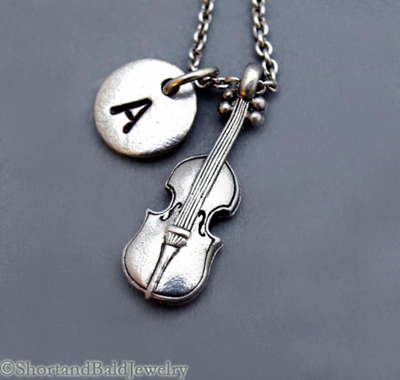 Violin Necklace, string instrument, Music, Violinist, initial necklace, initial hand stamped, personalized, antique silver, monogram image 1