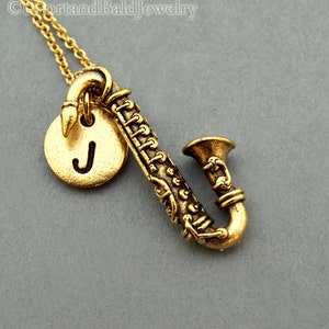 Saxophone necklace, Saxophone charm, instrument necklace, antique gold, initial necklace, initial hand stamped, personalized, monogram