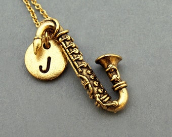Saxophone necklace, Saxophone charm, instrument necklace, antique gold, initial necklace, initial hand stamped, personalized, monogram