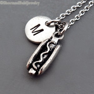 Hog Dog necklace, Hotdog necklace, fast food charm, antique silver, initial necklace, initial hand stamped, personalized, monogram