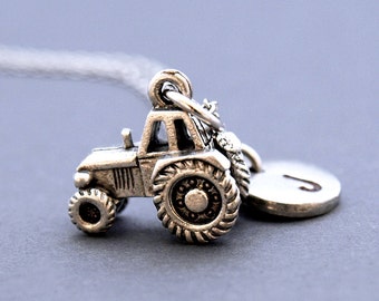 Tractor necklace, Tractor charm, Farm tractor necklace, initial necklace, initial hand stamped, personalized, antique silver, monogram