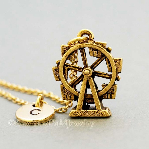 Ferris wheel charm necklace, big wheel, antique gold, initial necklace, initial hand stamped, personalized, monogram