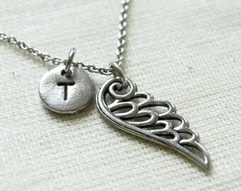 Wing necklace, Angel Wing charm necklace, initial necklace, initial hand stamped, personalized, antique silver, monogram