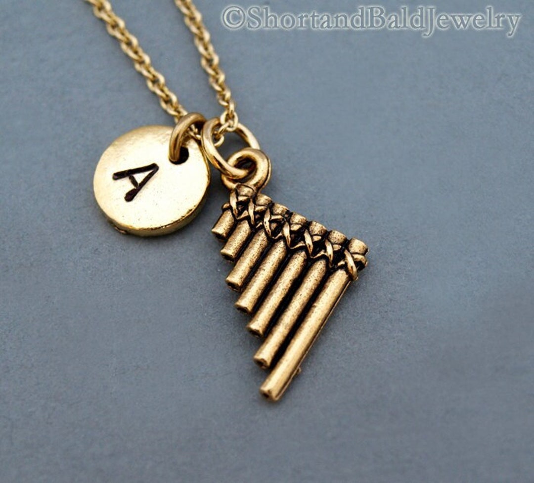 Pan Flute Necklace, Pan Flute Charm, Pan Pipes, Antique Gold