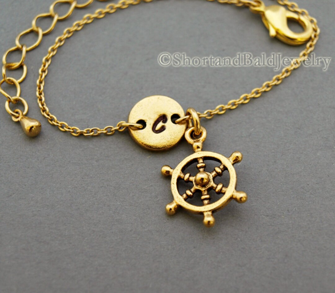 Ship Steering Wheel Charm Bracelet Antique Gold Initial Etsy