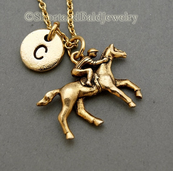 Horse rider Necklace, Equestrianism Necklace, horseback riding, antique gold, initial necklace, initial hand stamped, personalized, monogram