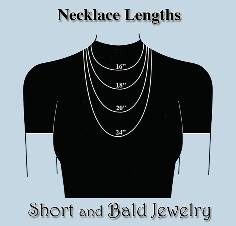 May include: A diagram showing different necklace lengths on a black silhouette of a person. The lengths are 16 inches, 18 inches, 20 inches, and 24 inches. The text "Necklace Lengths" is at the top of the image and "Short and Bald Jewelry" is at the bottom.