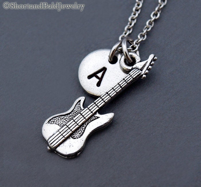 Electric guitar necklace, Electric Guitar charm, Rock guitar, initial necklace, initial hand stamped, personalized, antique silver, monogram