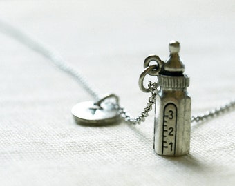 Baby milk bottle Necklace, Baby milk bottle charm, initial necklace, initial hand stamped, personalized, antique silver, monogram