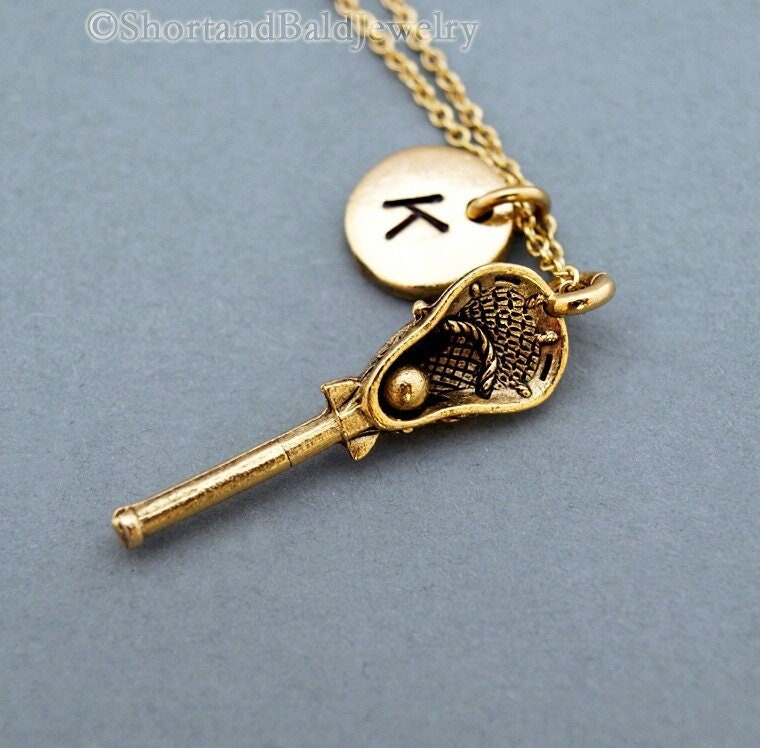 Lacrosse charm necklace, Lacrosse stick necklace, antique gold, initial necklace, personalized, monogram