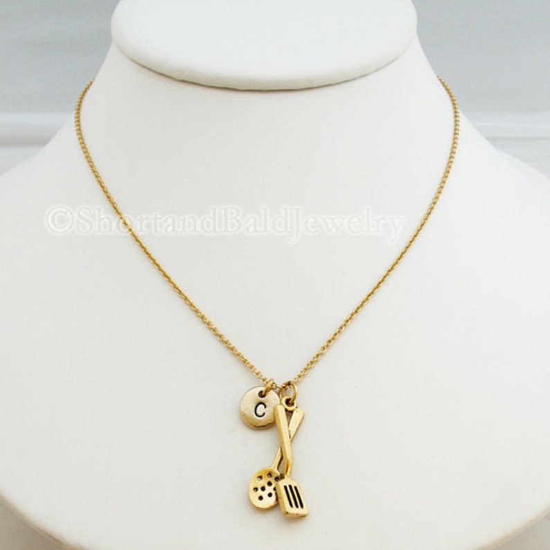 Cooking utensils charm Necklace, antique gold, initial necklace, initial hand stamped, personalized, monogram image 3