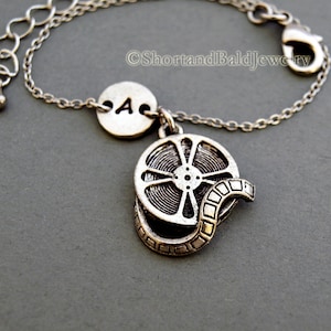 Film Reel charm bracelet, Movie reel, antique silver, initial bracelet, friendship, mothers, adjustable, monogram