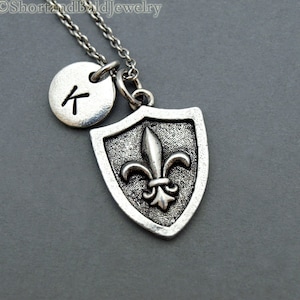 Shield Fleur De Lis, Fleur de lis shield, fleur-de-lys, antique silver, initial necklace, initial hand stamped, personalized, monogram
