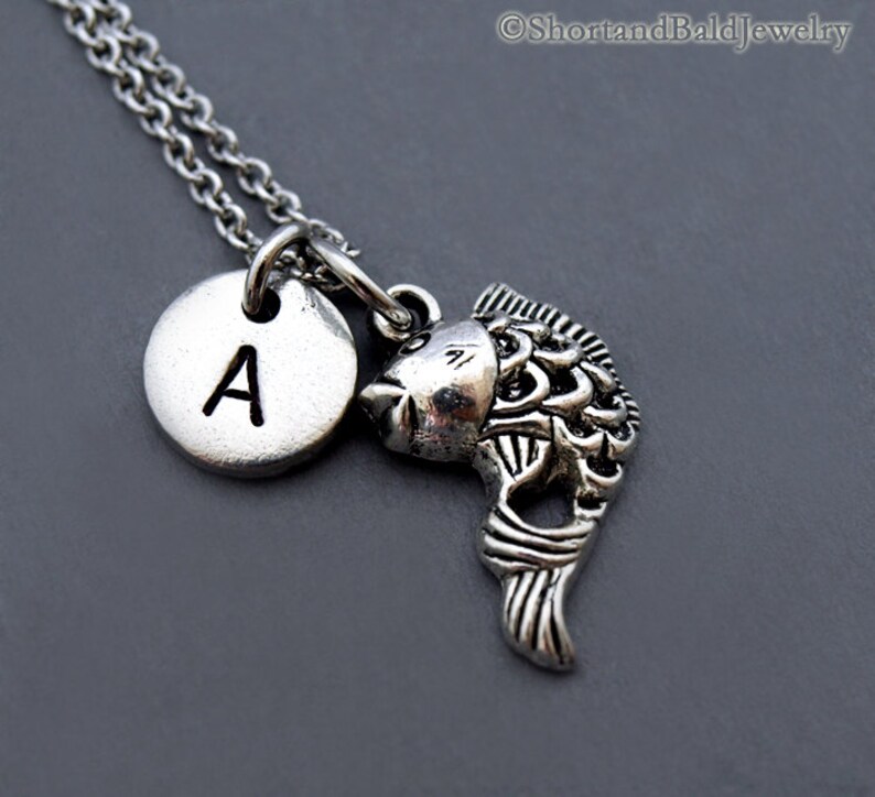 Fisherman Silver fish charm personalized initial hand stamped monogram Fish charm jewelry fishing initial necklace Fish necklace