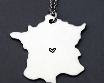Halskette mit Frankreichkarte, Anhänger mit Frankreichkarte, Halskette mit Frankreichkarten-Silhouette, Halskette für Fernbeziehungen, Partnerhalskette, Halskette für beste Freunde