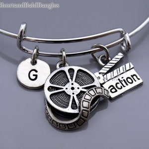 Film reel bracelet, Movie reel bangle, Clapperboard charm, film clapper board, movie clapper, Film student gift, Monogram, Initial bracelet