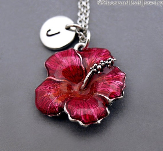 Hibiscus Necklace Hibiscus Jewelry Hibiscus Charm Necklace Antique Silver Initial Necklace Initial Hand Stamped Personalized Monogram Etsy