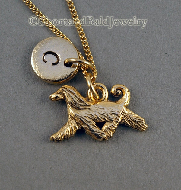 Afghan Hound necklace, antique gold, initial necklace, initial hand stamped, personalized, monogram