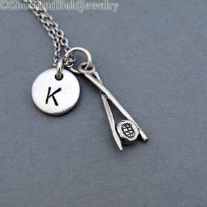 Sushi chopsticks necklace, sushi roll and chopsticks, initial necklace, personalized, antique silver, monogram