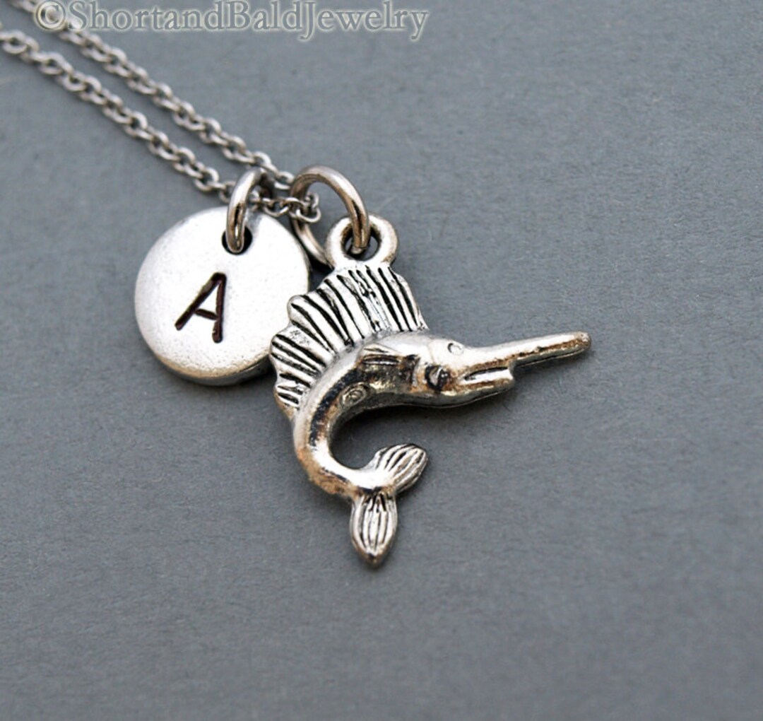 Swordfish Necklace, Sword Fish, Sword Fish Charm, Initial Necklace