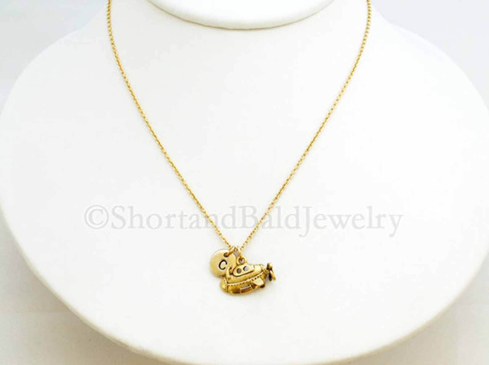Submarine Charm Necklace, Yellow Submarine, Antique Gold, Initial