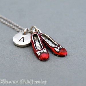 Ruby red slippers necklace, wizard of oz charm necklace, magical shoes, initial, hand stamped, personalized, monogram