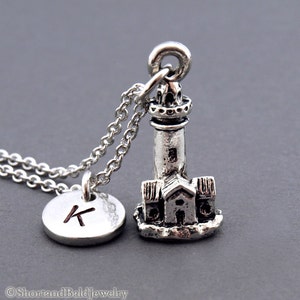 Lighthouse necklace, lighthouse charm, light house, silver lighthouse, initial necklace, personalized, antique silver, monogram